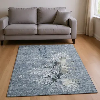 8' X 10' Ash Gray Ivory And Blue Geometric Washable Area Rug With UV Protection