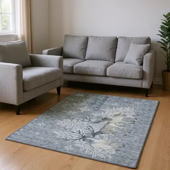 9' X 12' Ash Gray Ivory And Blue Geometric Washable Area Rug With UV Protection