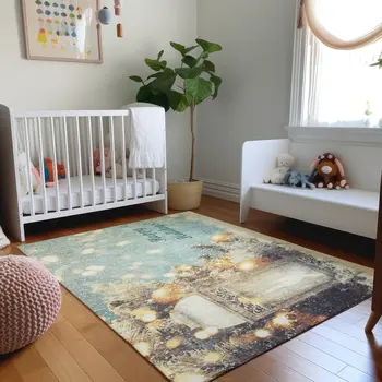 5' X 8' Blue Gold And Ivory Geometric Washable Area Rug With UV Protection
