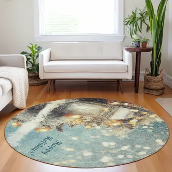 8' Blue Gold And Ivory Geometric Washable Round Rug With UV Protection