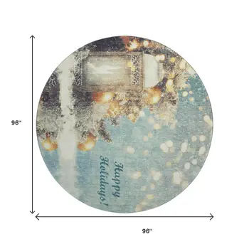 8' Blue Gold And Ivory Geometric Washable Round Rug With UV Protection