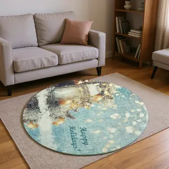 8' Blue Gold And Ivory Geometric Washable Round Rug With UV Protection
