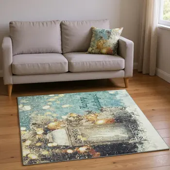 8' X 10' Blue Gold And Ivory Geometric Washable Area Rug With UV Protection