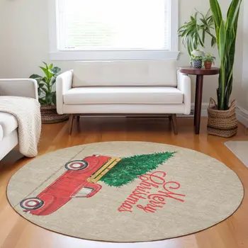 8' Red Green And Beige Geometric Washable Round Rug With UV Protection