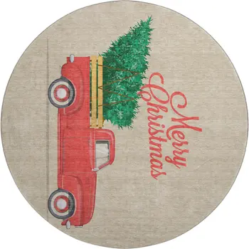 8' Red Green And Beige Geometric Washable Round Rug With UV Protection