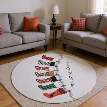 8' Gray Red And Green Geometric Washable Round Rug With UV Protection