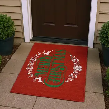 3' X 5' Ruby Red Green And Ivory Geometric Washable Area Rug With UV Protection