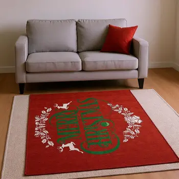 5' X 8' Ruby Red Green And Ivory Geometric Washable Area Rug With UV Protection