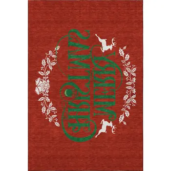 5' X 8' Ruby Red Green And Ivory Geometric Washable Area Rug With UV Protection