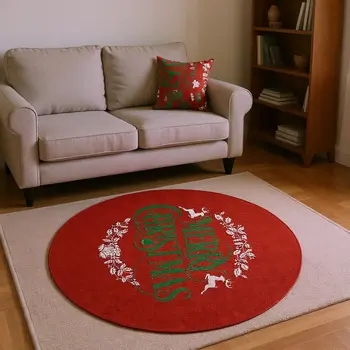 8' Ruby Red Green And Ivory Geometric Washable Round Rug With UV Protection