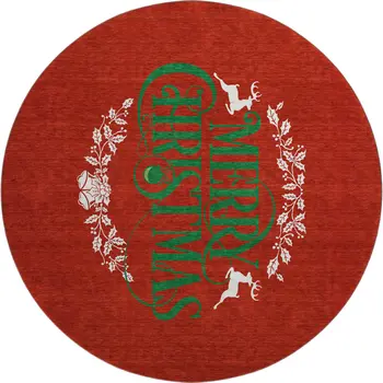 8' Ruby Red Green And Ivory Geometric Washable Round Rug With UV Protection