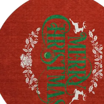 8' Ruby Red Green And Ivory Geometric Washable Round Rug With UV Protection