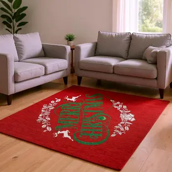 8' X 10' Ruby Red Green And Ivory Geometric Washable Area Rug With UV Protection