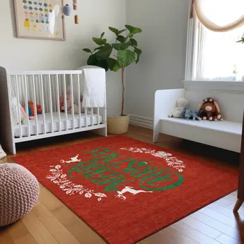 8' X 10' Ruby Red Green And Ivory Geometric Washable Area Rug With UV Protection