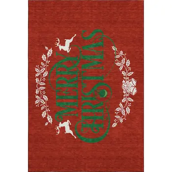 8' X 10' Ruby Red Green And Ivory Geometric Washable Area Rug With UV Protection