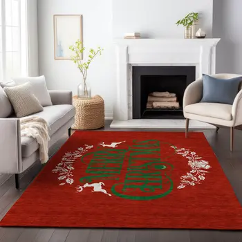 9' X 12' Ruby Red Green And Ivory Geometric Washable Area Rug With UV Protection