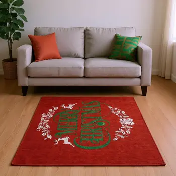 10' X 14' Ruby Red Green And Ivory Geometric Washable Area Rug With UV Protection