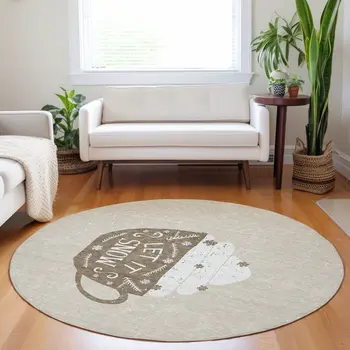 8' Latte And Ivory Geometric Washable Round Rug With UV Protection