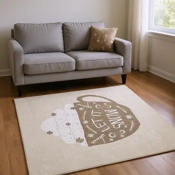 9' X 12' Latte And Ivory Geometric Washable Area Rug With UV Protection