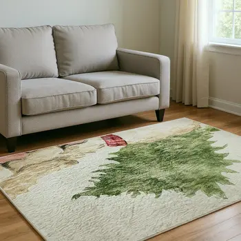 5' X 8' Taupe Green And Gray Animal Print Washable Area Rug With UV Protection