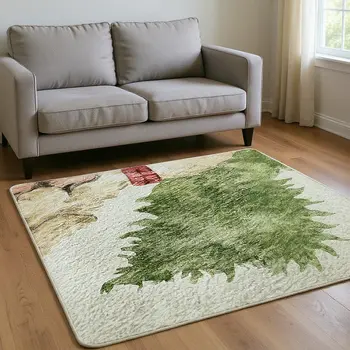 10' X 14' Taupe Green And Gray Animal Print Washable Area Rug With UV Protection