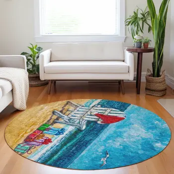 8' Blue Red And Green Nautical Washable Round Rug With UV Protection
