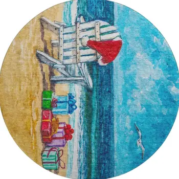 8' Blue Red And Green Nautical Washable Round Rug With UV Protection
