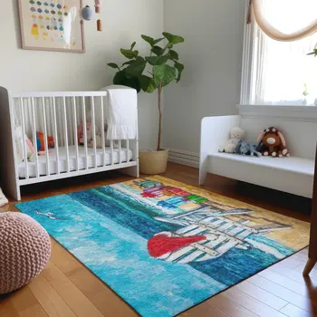 10' X 14' Blue Red And Green Nautical Washable Area Rug With UV Protection