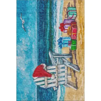 10' X 14' Blue Red And Green Nautical Washable Area Rug With UV Protection