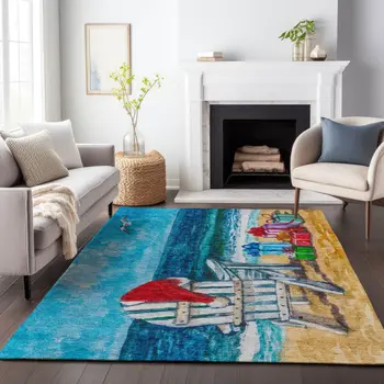 10' X 14' Blue Red And Green Nautical Washable Area Rug With UV Protection