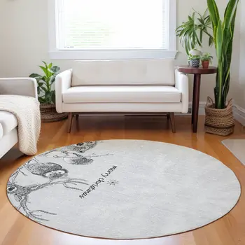 8' Gray And Ivory Animal Print Washable Round Rug With UV Protection