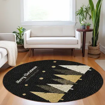 8' Midnight Gold And Ivory Polka Dot Washable Round Rug With UV Protection