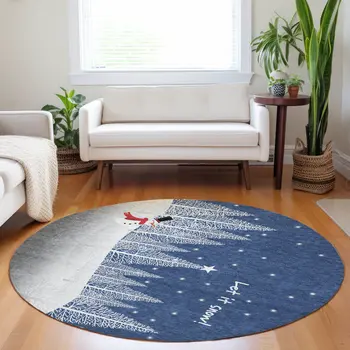 8' Blue Ivory And Red Botanical Leaves Washable Round Rug With UV Protection