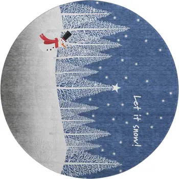 8' Blue Ivory And Red Botanical Leaves Washable Round Rug With UV Protection