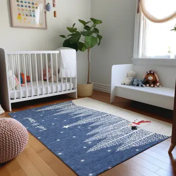 10' X 14' Blue Ivory And Red Botanical Leaves Washable Area Rug With UV Protection