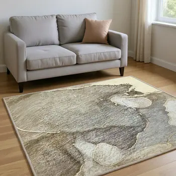 5' X 8' Beige And Taupe Abstract Washable Area Rug With UV Protection