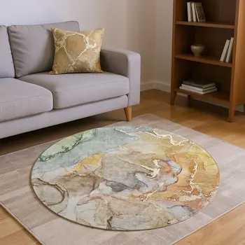 8' Beige And Taupe Abstract Washable Round Rug With UV Protection