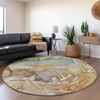 8' Beige And Taupe Abstract Washable Round Rug With UV Protection