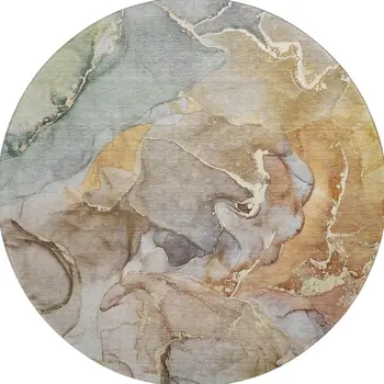 8' Beige And Taupe Abstract Washable Round Rug With UV Protection