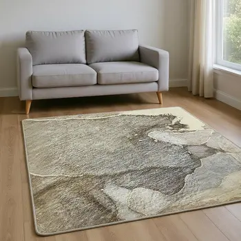8' X 10' Beige And Taupe Abstract Washable Area Rug With UV Protection