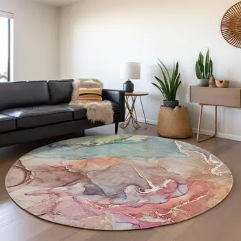 8' Blue And Green Abstract Washable Round Rug With UV Protection