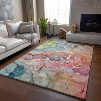8' X 10' Blue And Green Abstract Washable Area Rug With UV Protection