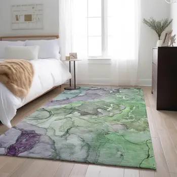 5' X 8' Green And Gray Abstract Washable Area Rug With UV Protection