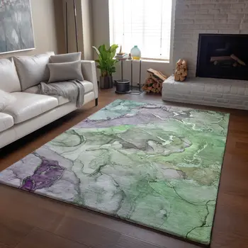 5' X 8' Green And Gray Abstract Washable Area Rug With UV Protection