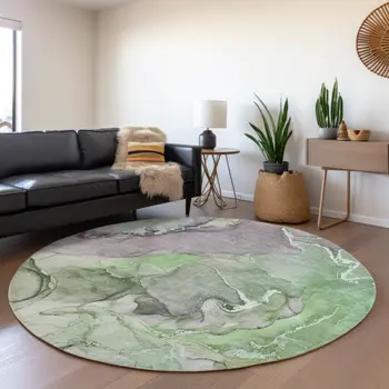 8' Green And Gray Abstract Washable Round Rug With UV Protection