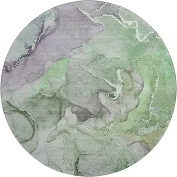 8' Green And Gray Abstract Washable Round Rug With UV Protection
