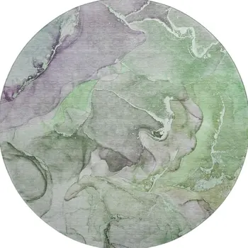 8' Green And Gray Abstract Washable Round Rug With UV Protection