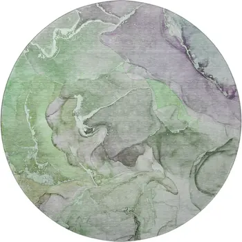 8' Green And Gray Abstract Washable Round Rug With UV Protection