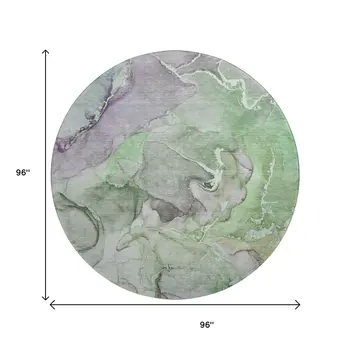 8' Green And Gray Abstract Washable Round Rug With UV Protection