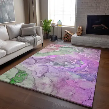 3' X 5' Purple And Green Abstract Washable Area Rug With UV Protection